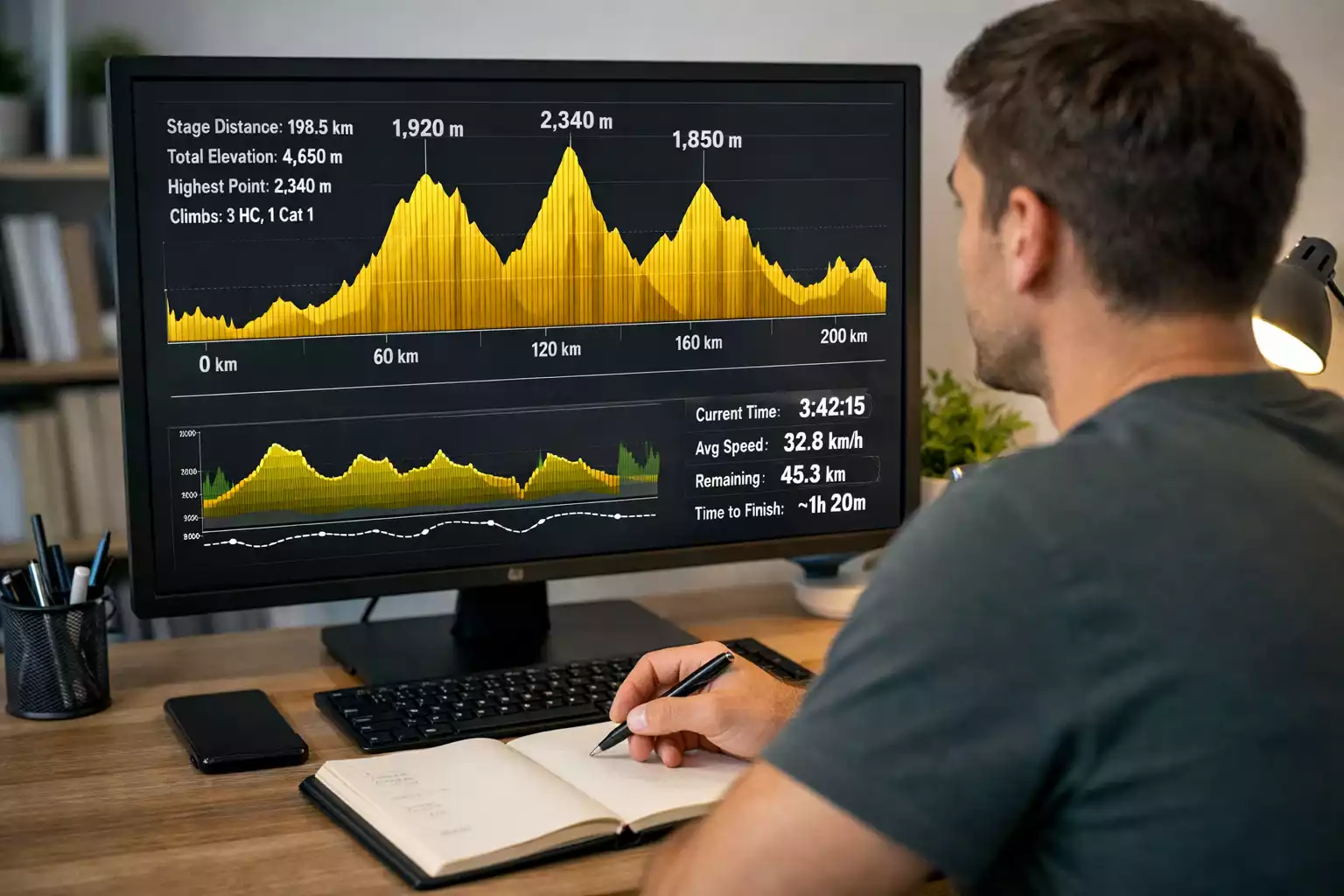 Persona analizando el perfil de una etapa de montaña en pantalla de ordenador