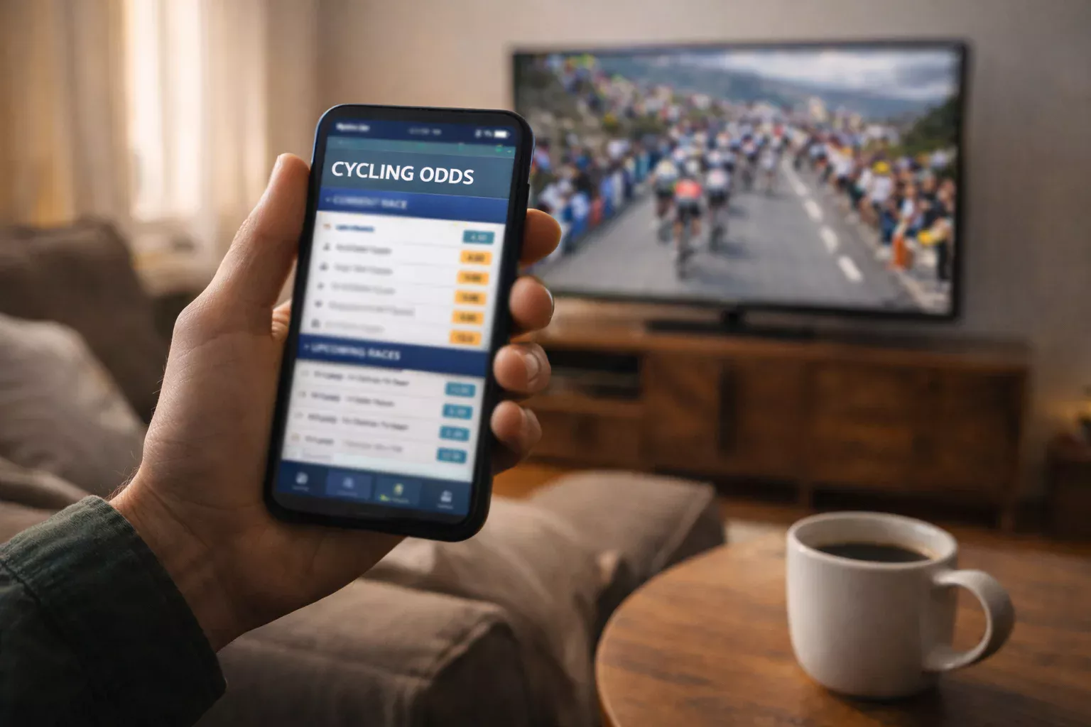 Mano sosteniendo un móvil mientras se ve una carrera ciclista en televisión de fondo