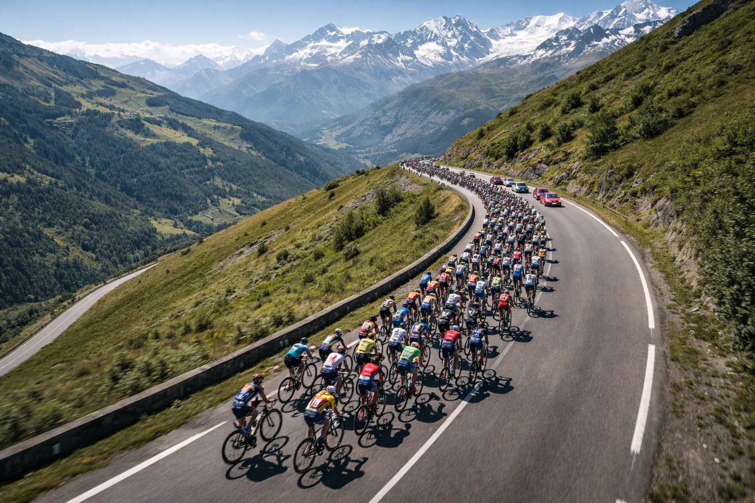 Pelotón de ciclistas recorriendo una carretera con paisaje montañoso durante una etapa en directo