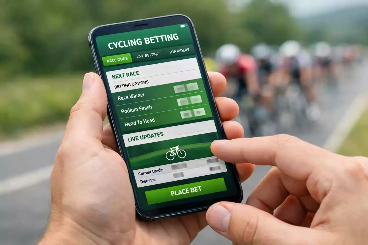 Manos sosteniendo smartphone mostrando aplicación de apuestas durante carrera ciclista