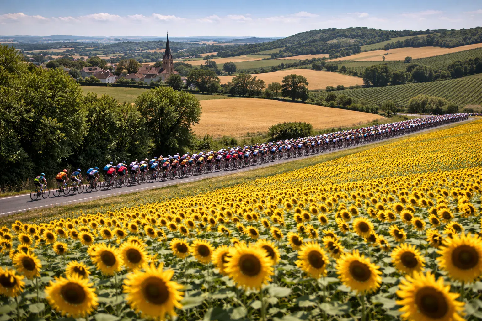 Pelotón del Tour de Francia pasando junto a campos de girasoles en una etapa por la campiña francesa
