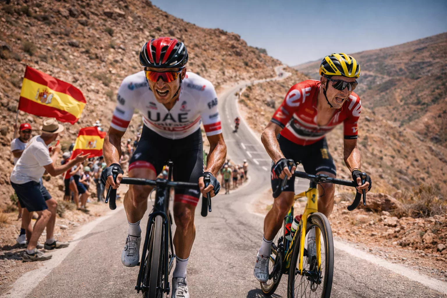 Ciclistas subiendo un puerto de montaña en España con paisaje árido y sol intenso