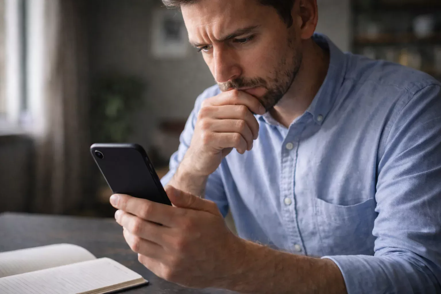 Persona leyendo los términos de una promoción en la pantalla de su móvil con gesto pensativo