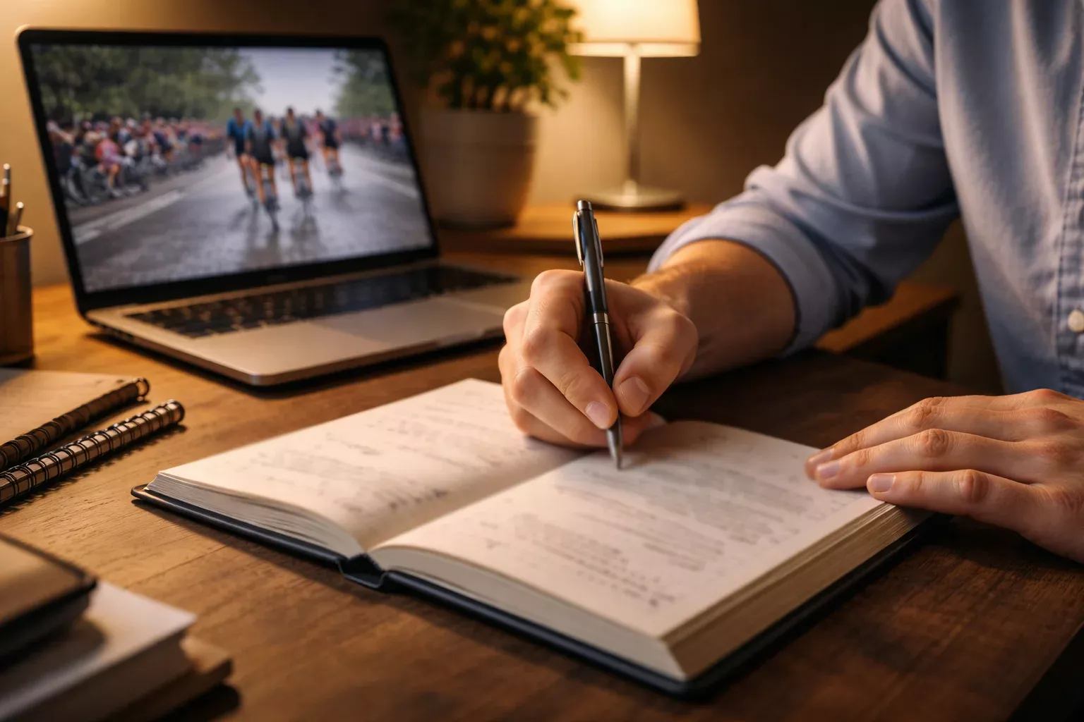 Persona anotando fechas en un planificador abierto junto a una pantalla con ciclismo