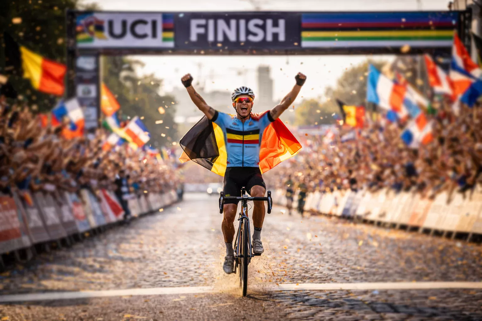 Ciclista con maillot de selección nacional cruzando la meta del Campeonato Mundial con bandera
