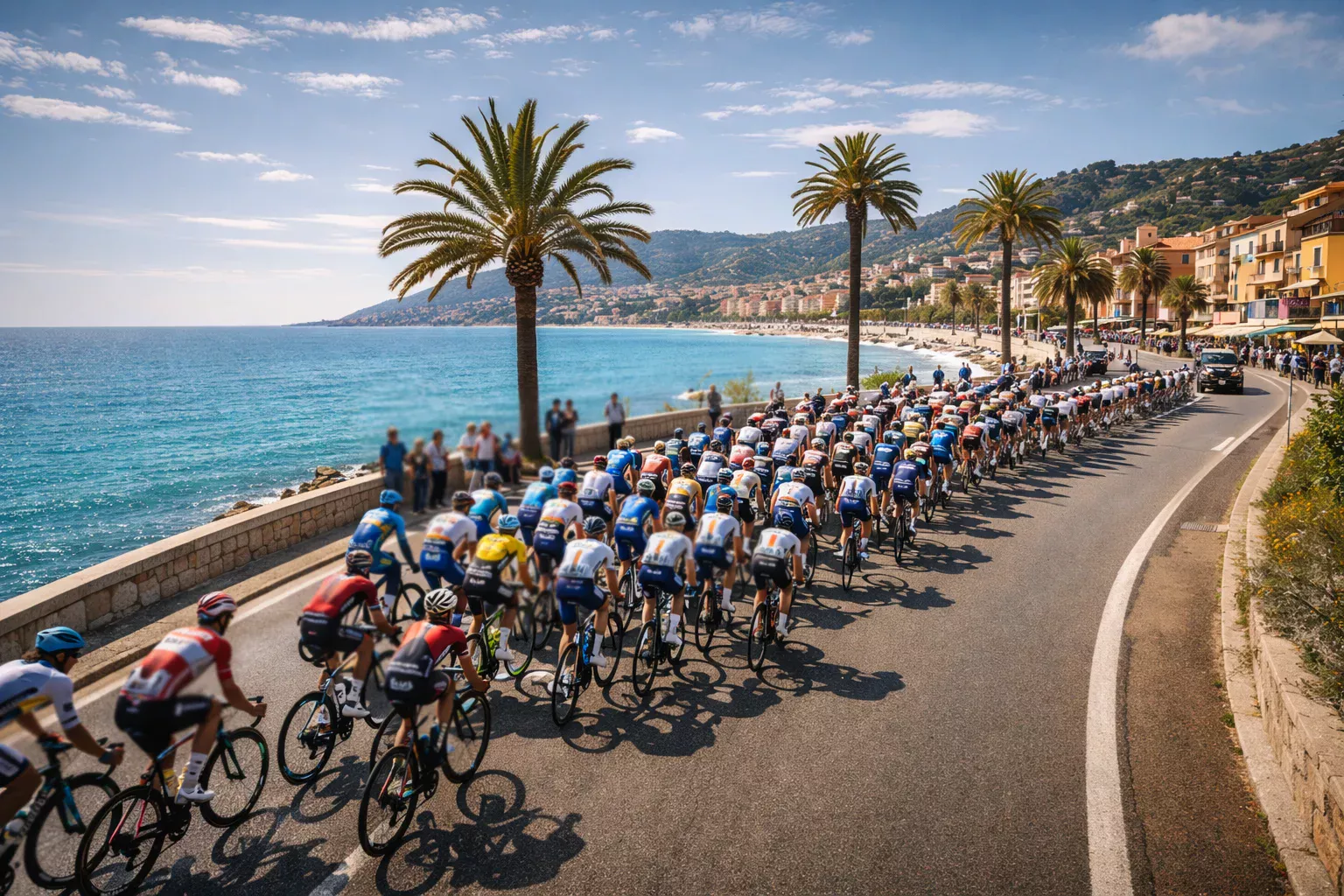 Pelotón compacto rodando por la costa mediterránea durante una carrera de una semana