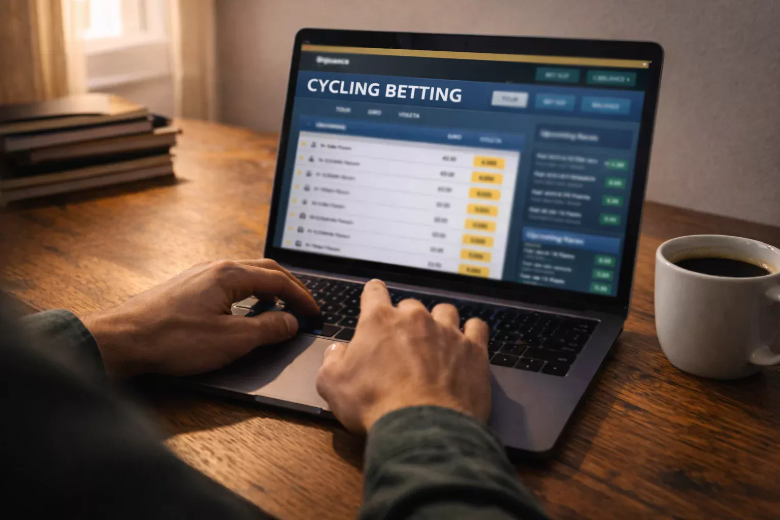 Persona usando un portátil para comparar opciones de apuestas de ciclismo en casa