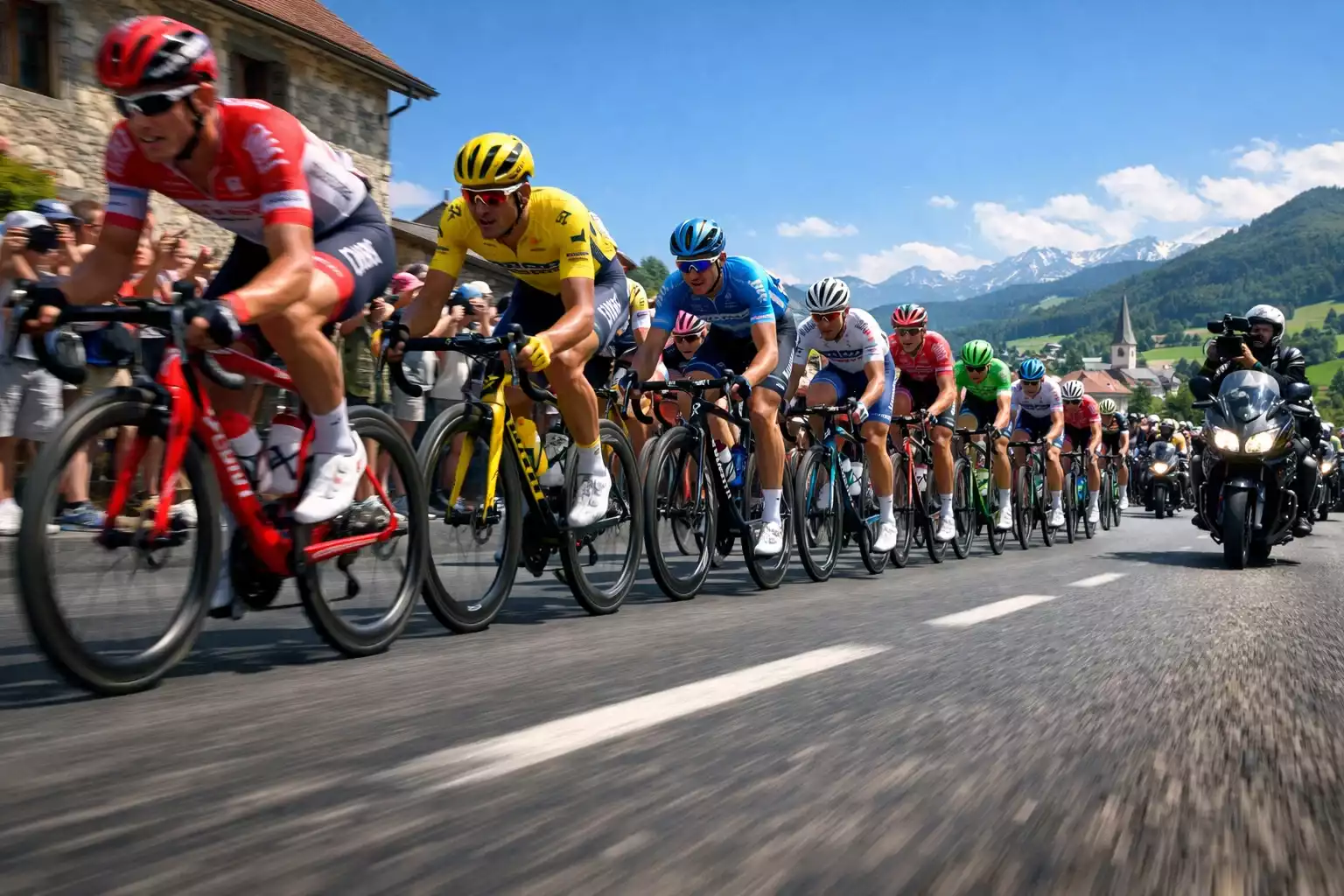 Carrera de ciclismo profesional con pelotón en plena competición