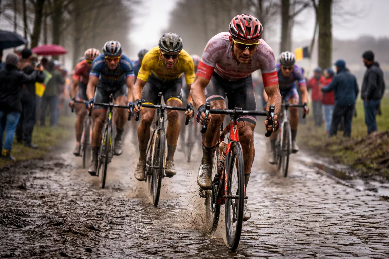 Ciclistas rodando sobre adoquines mojados en una clásica del norte con barro salpicando