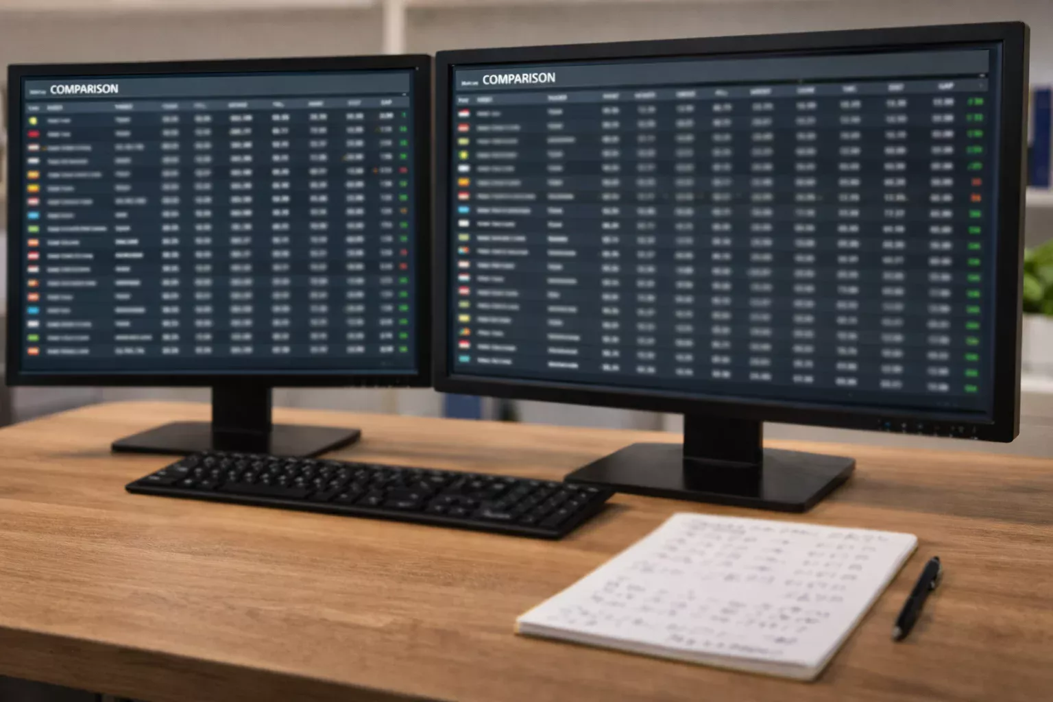 Pantalla de ordenador mostrando una comparativa de datos con notas manuscritas al lado