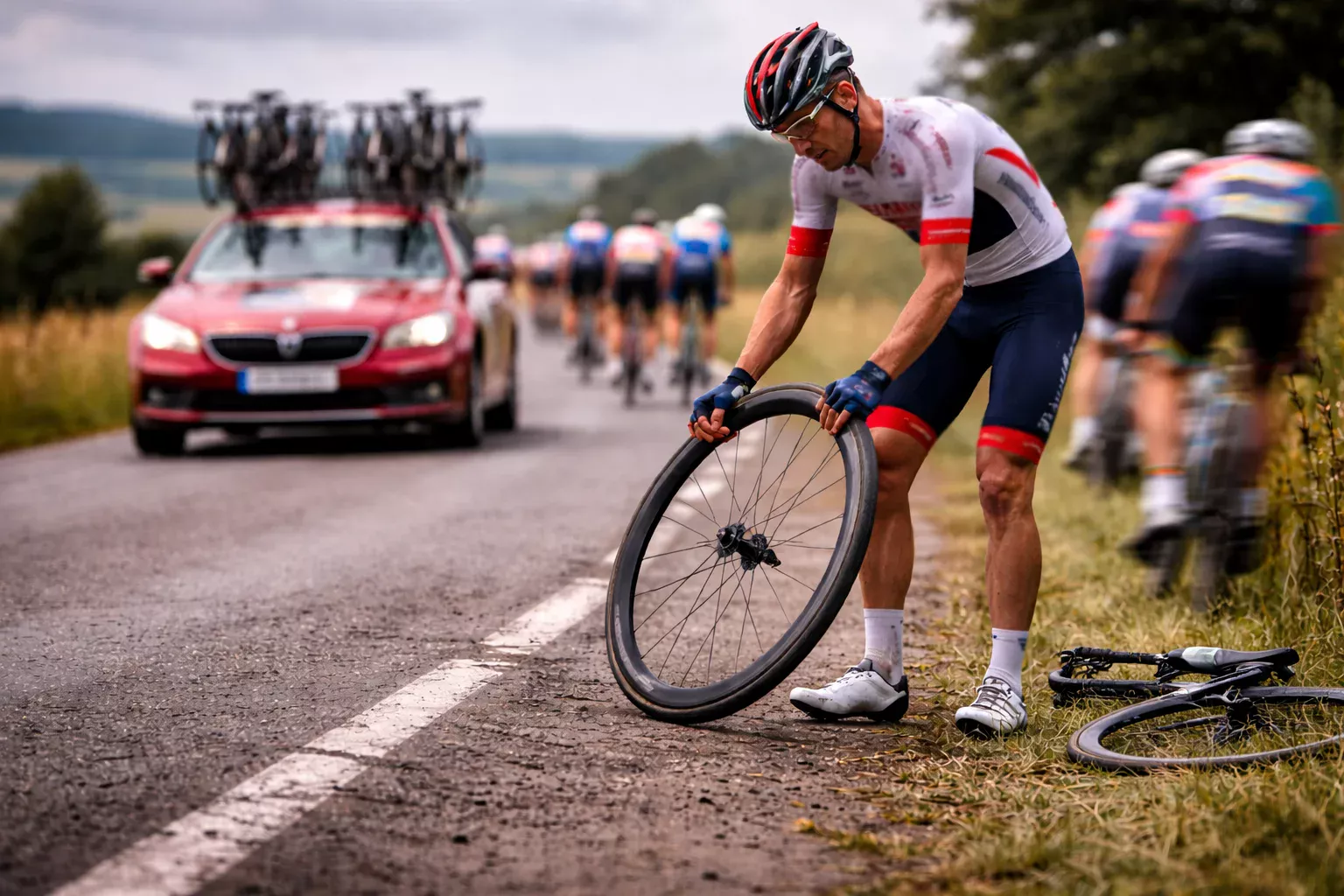 Ciclista profesional con gesto de frustración tras un pinchazo durante una carrera