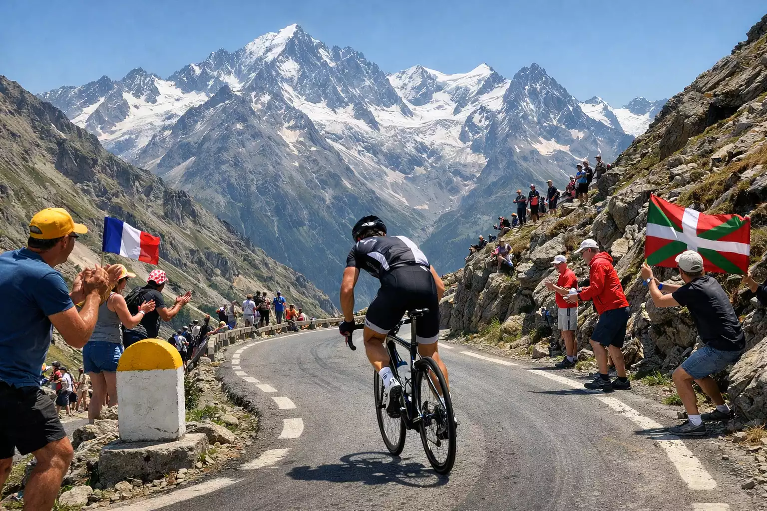 Ciclista escalando una etapa de montaña en los Alpes