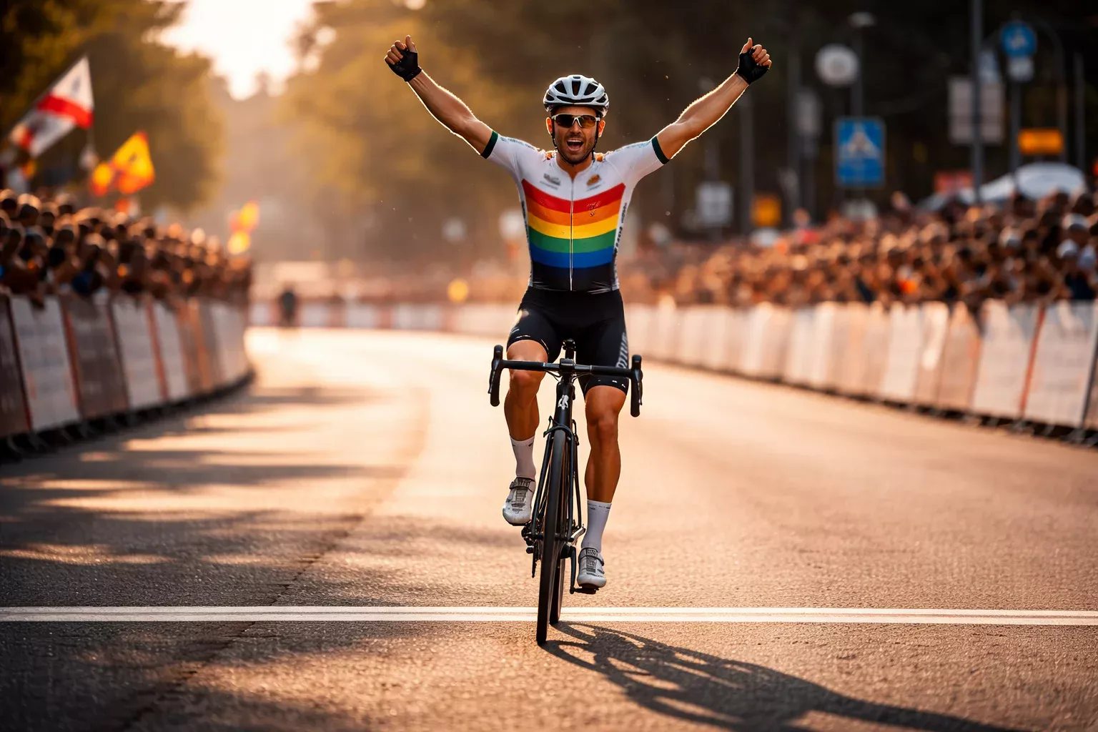 Ciclista cruzando la línea de meta en solitario con los brazos en alto celebrando la victoria de etapa