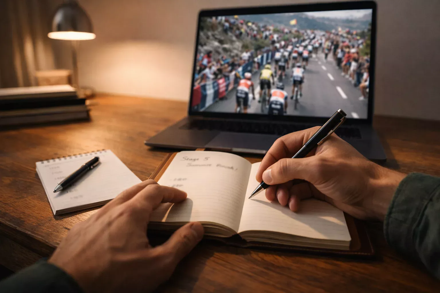 Persona escribiendo anotaciones en un cuaderno junto a una pantalla mostrando una carrera ciclista