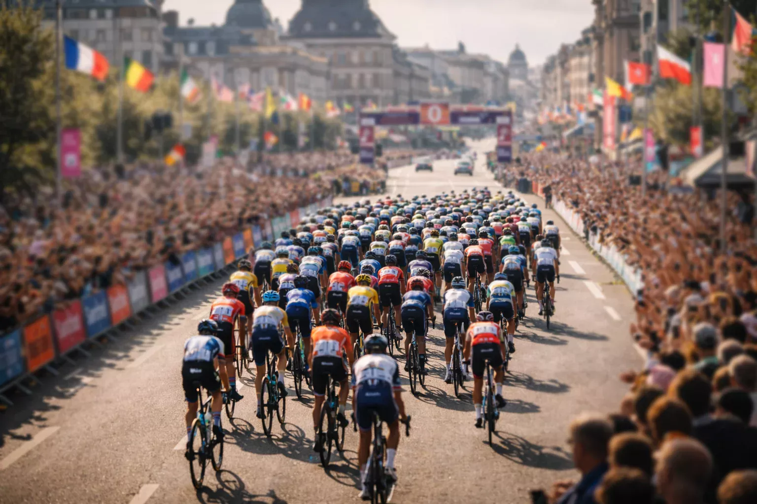 Gran pelotón de ciclistas saliendo de una ciudad al inicio de una etapa con público animando