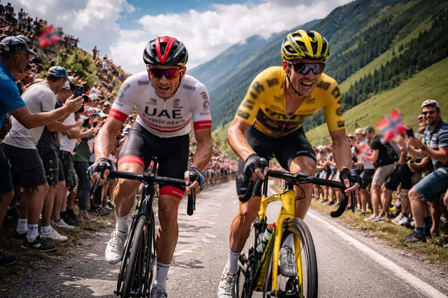 Dos ciclistas profesionales pedaleando codo con codo en una subida de montaña durante una carrera