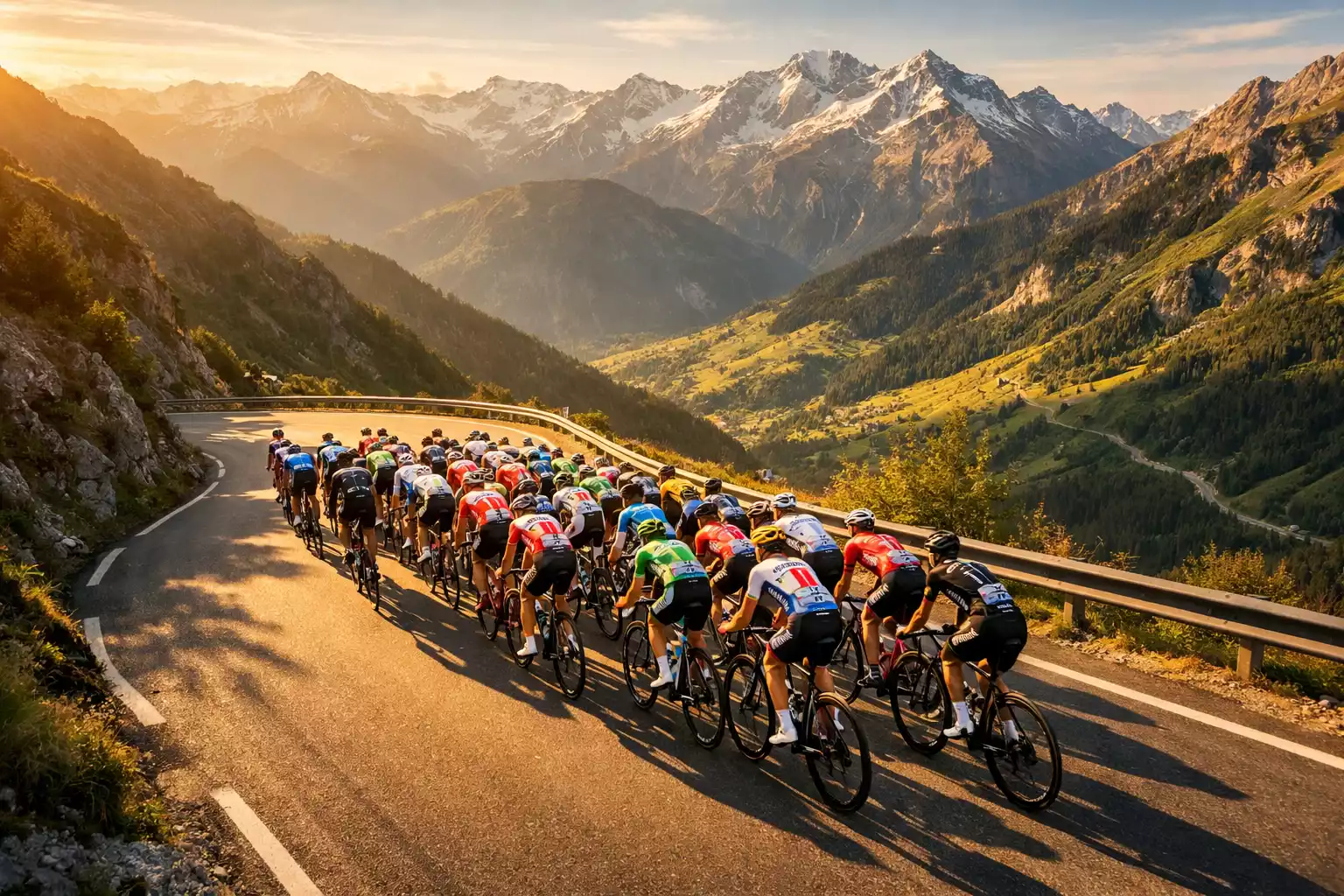 Pelotón ciclista profesional rodando en carretera de montaña durante una etapa del Tour