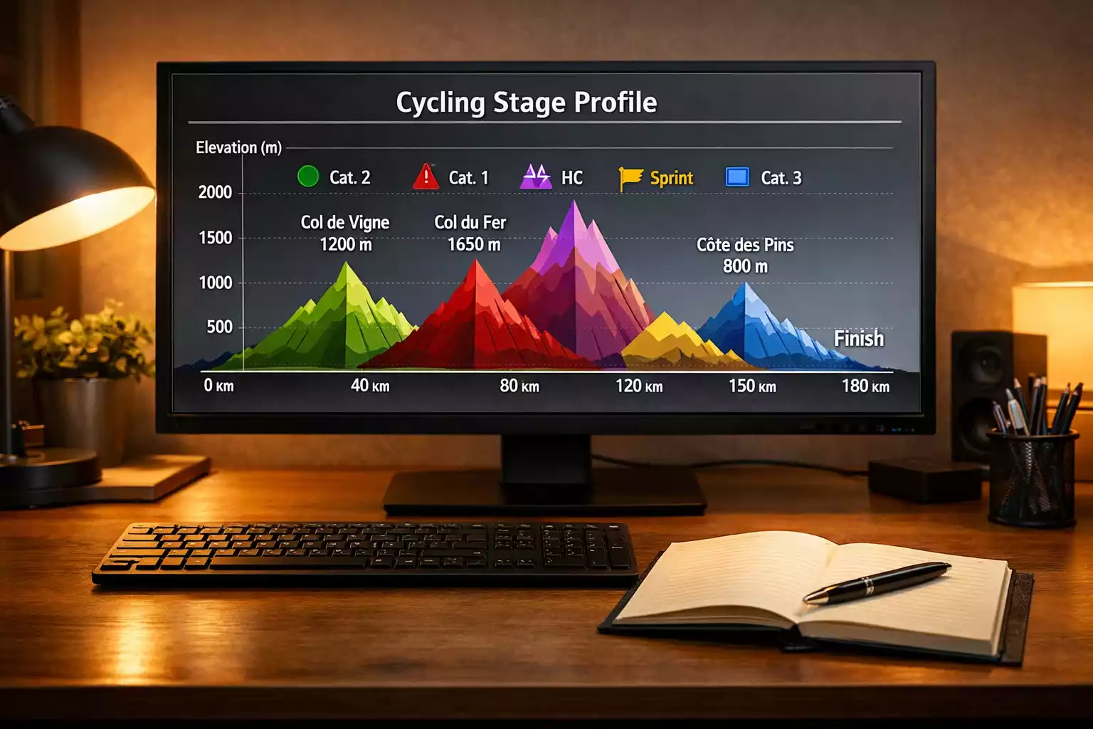 Perfil de etapa ciclista con gráfico de altimetría en pantalla de ordenador
