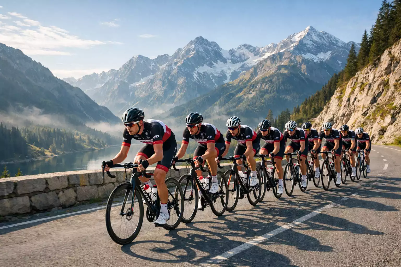 Equipo ciclista profesional entrenando en carretera de montaña