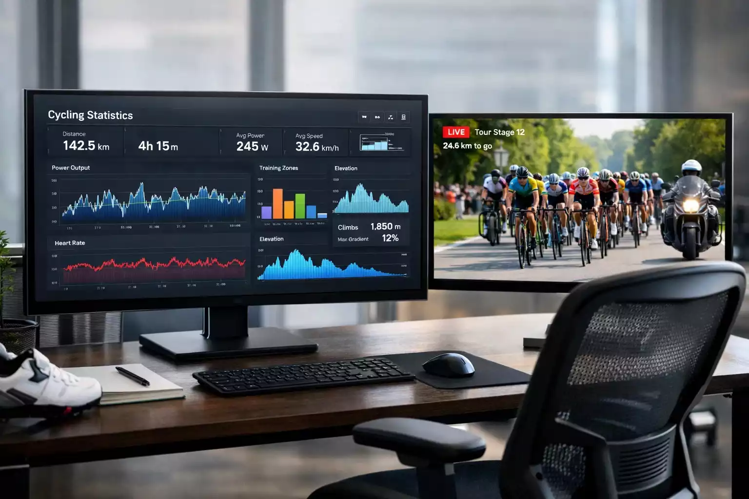 Pantalla mostrando estadísticas y datos de ciclistas profesionales