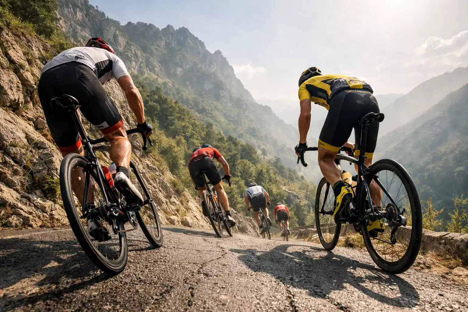 Ciclistas ascendiendo el mítico puerto del Angliru bajo sol intenso