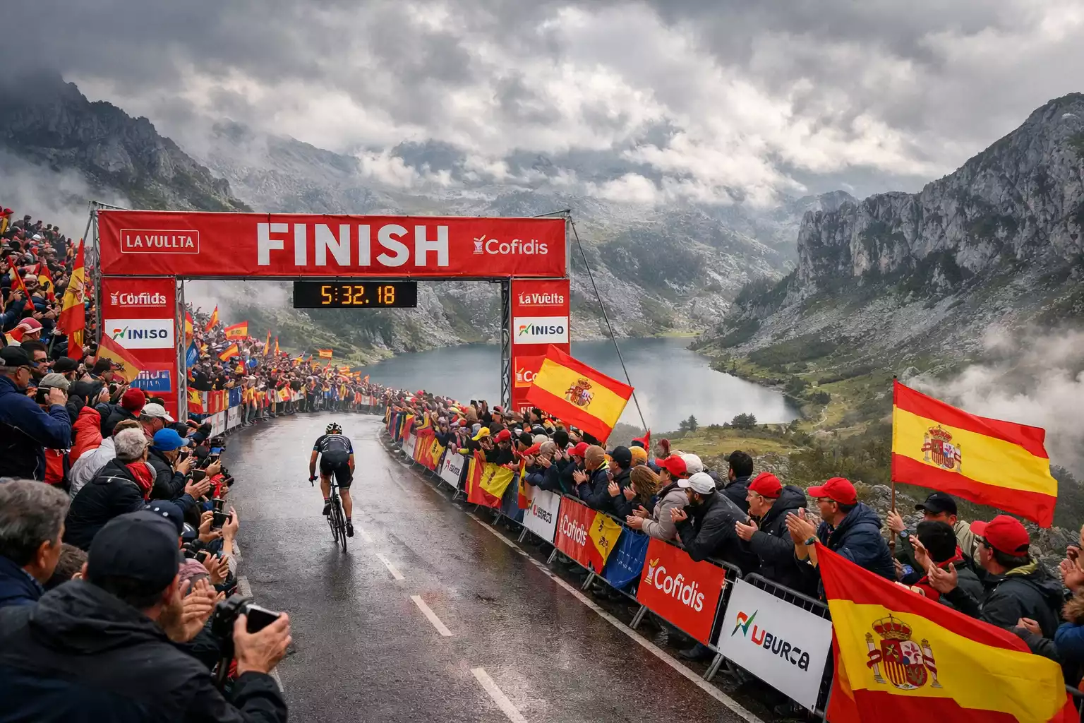 Llegada en alto a Lagos de Covadonga con aficionados animando