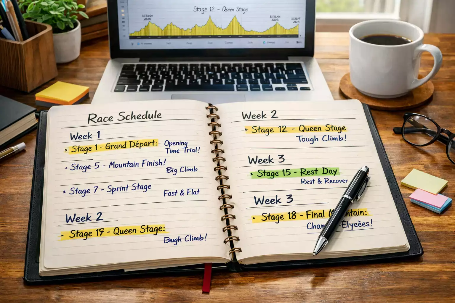 Agenda de planificación con calendario de etapas de vuelta ciclista