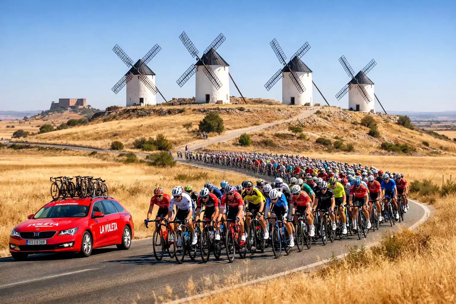 Pelotón de la Vuelta a España atravesando paisaje español con molinos de viento
