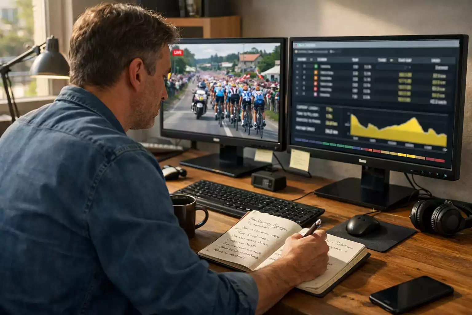 Aficionado siguiendo carrera ciclista en directo en múltiples pantallas
