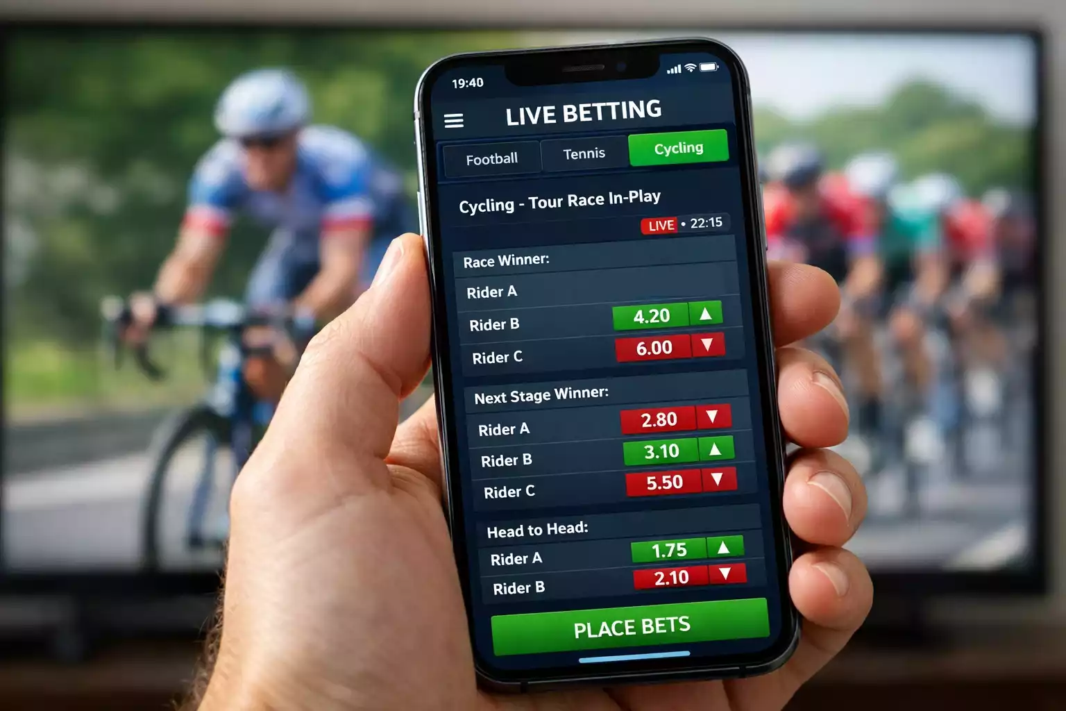 Pantalla de smartphone mostrando cuotas de apuestas en vivo actualizándose