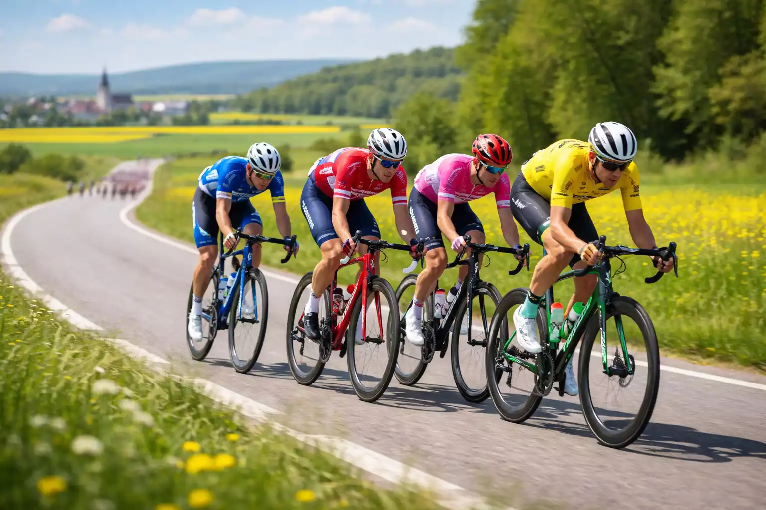 Fuga ciclista con varios corredores colaborando en carretera