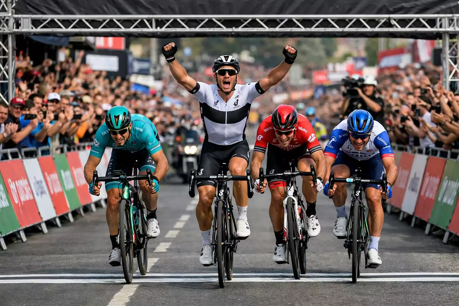 Ciclistas cruzando la línea de meta en una etapa de carrera