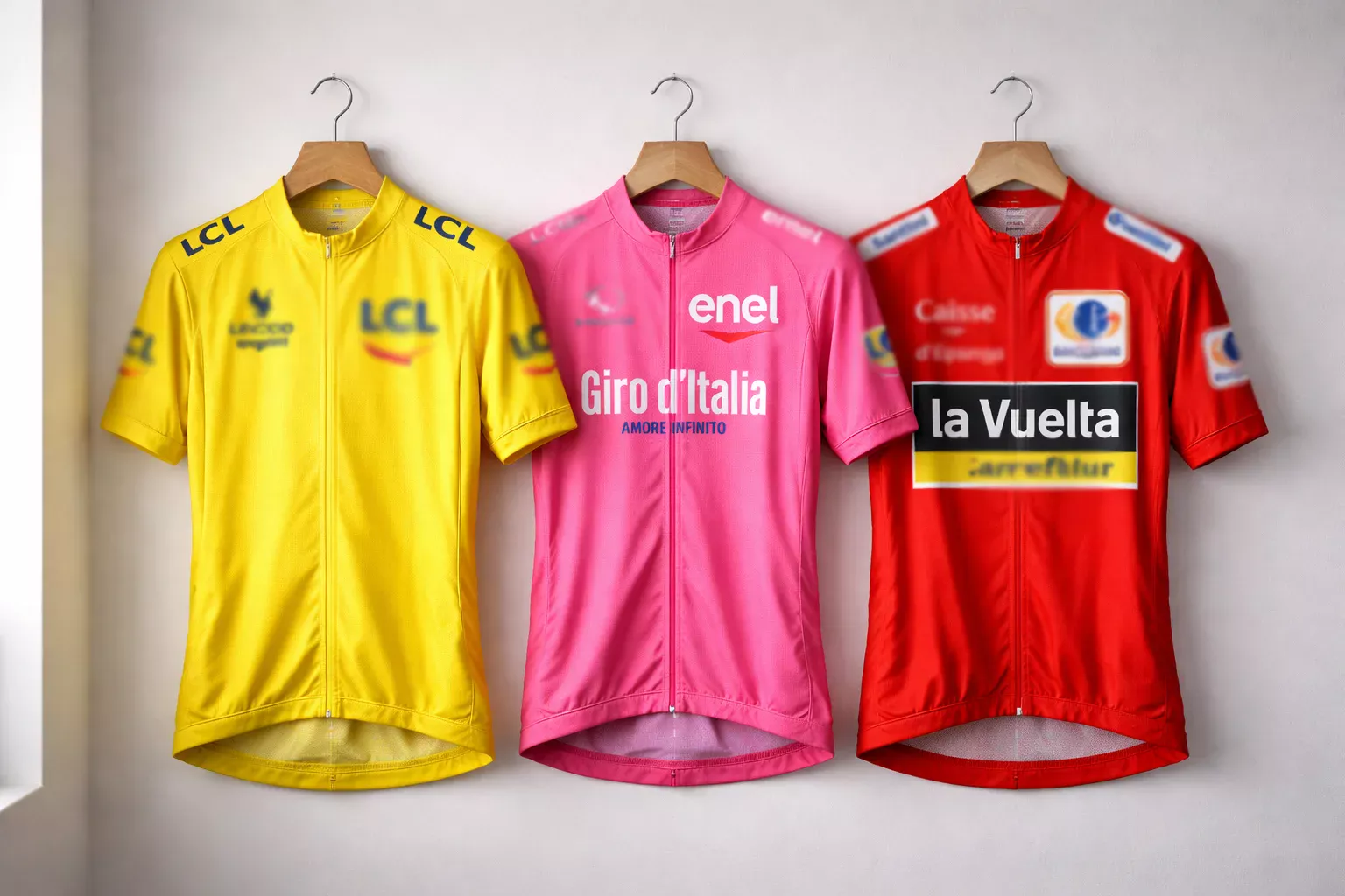 Tres maillots de líder de las grandes vueltas ciclistas: amarillo, rosa y rojo colgados juntos