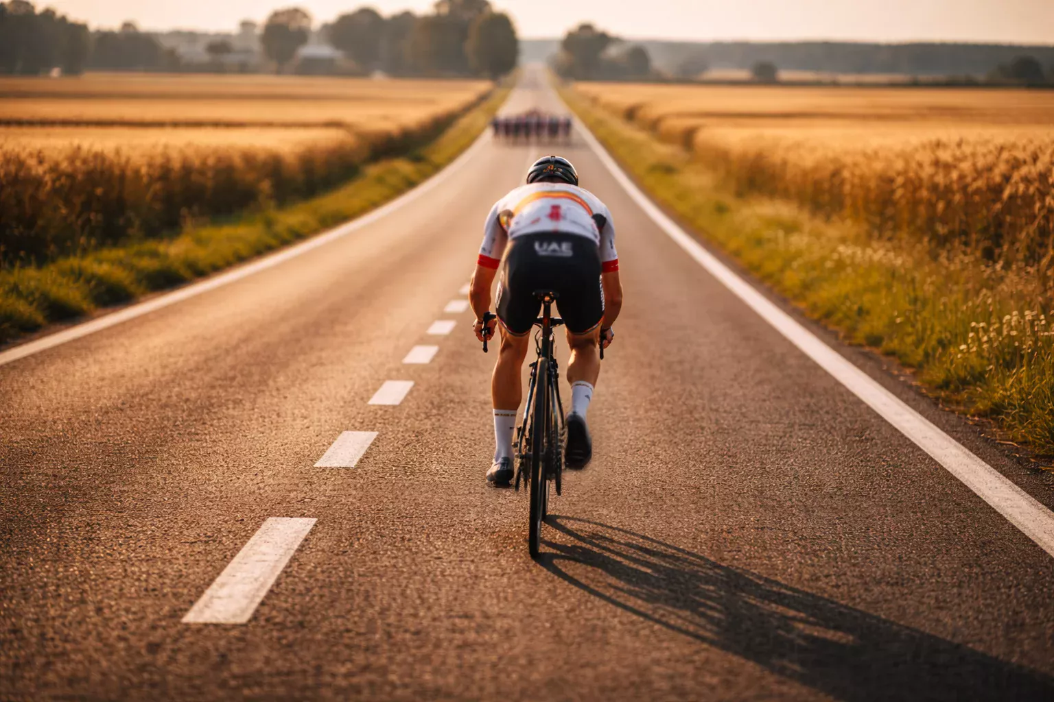 Ciclista escapado en solitario por una carretera recta con el pelotón visible a lo lejos