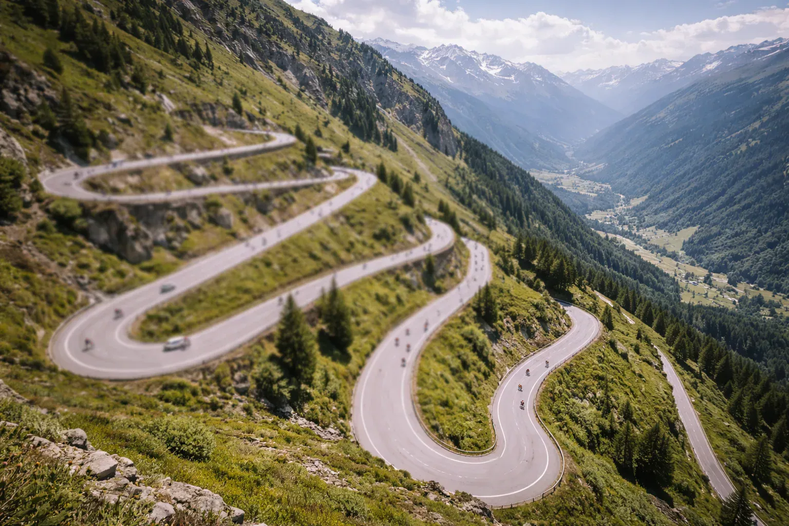 Vista panorámica de una carretera de montaña serpenteando con curvas entre laderas verdes