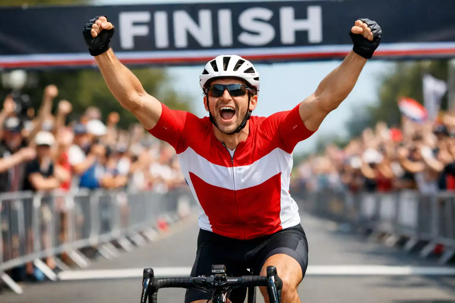 Ciclista cruzando línea de meta con brazos en alto celebrando victoria de etapa