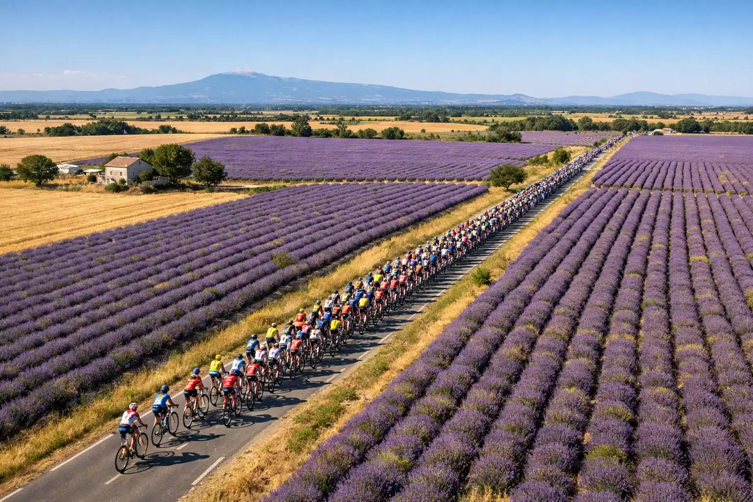 Vista aérea del pelotón del Tour de Francia atravesando campos de lavanda en Provenza