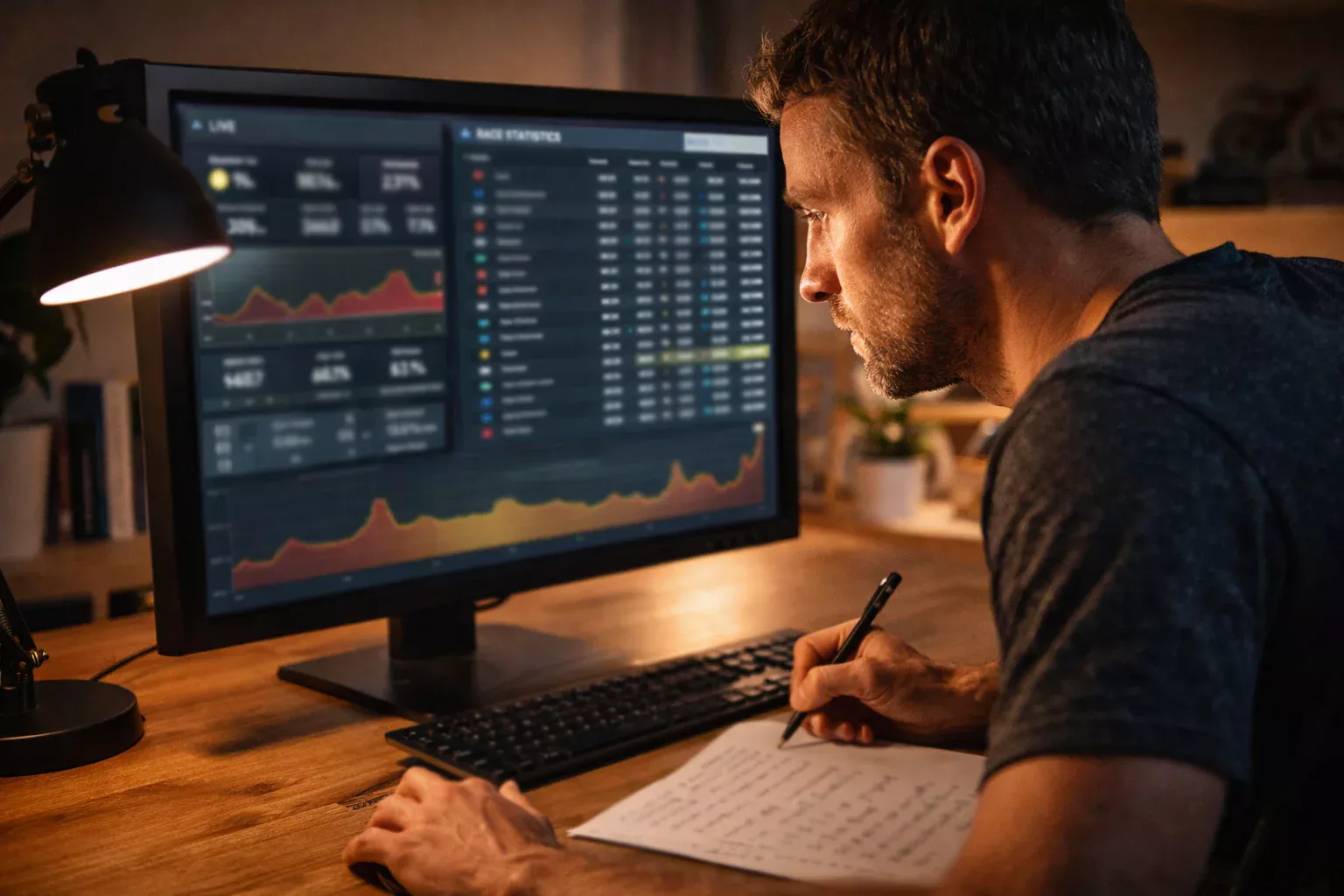 Persona analizando datos de ciclismo en una pantalla de ordenador con notas manuscritas