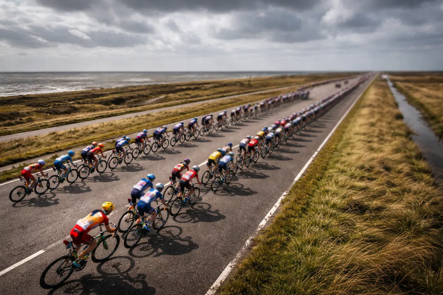 Pelotón de ciclistas formando abanicos en una carretera costera expuesta al viento lateral